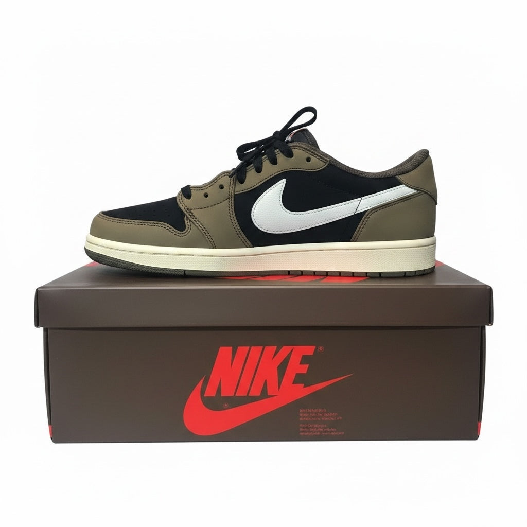 Kicks and The Drip Nike Air Jordan low-top sneakers in olive brown and black with a white reverse Swoosh on a box.