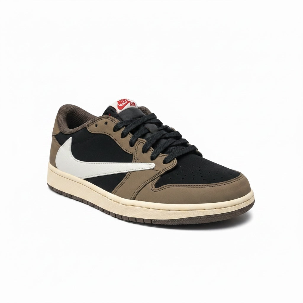 Kicks and The Drip Nike Air Jordan low top sneakers in black and olive brown with a signature reverse white Swoosh.