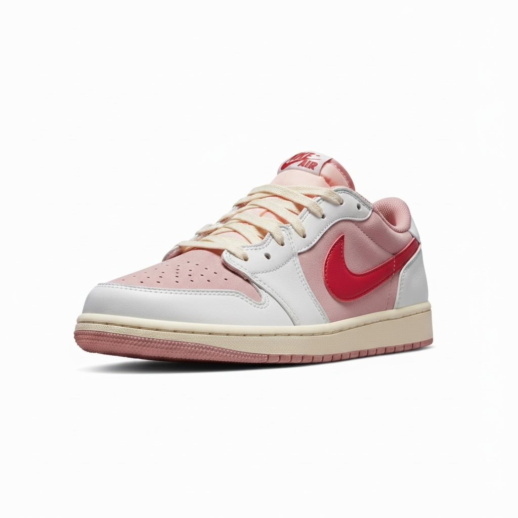 Kicks and The Drip Nike Air Jordan low-top sneakers in pink, white, and red leather with a vintage off-white midsole.