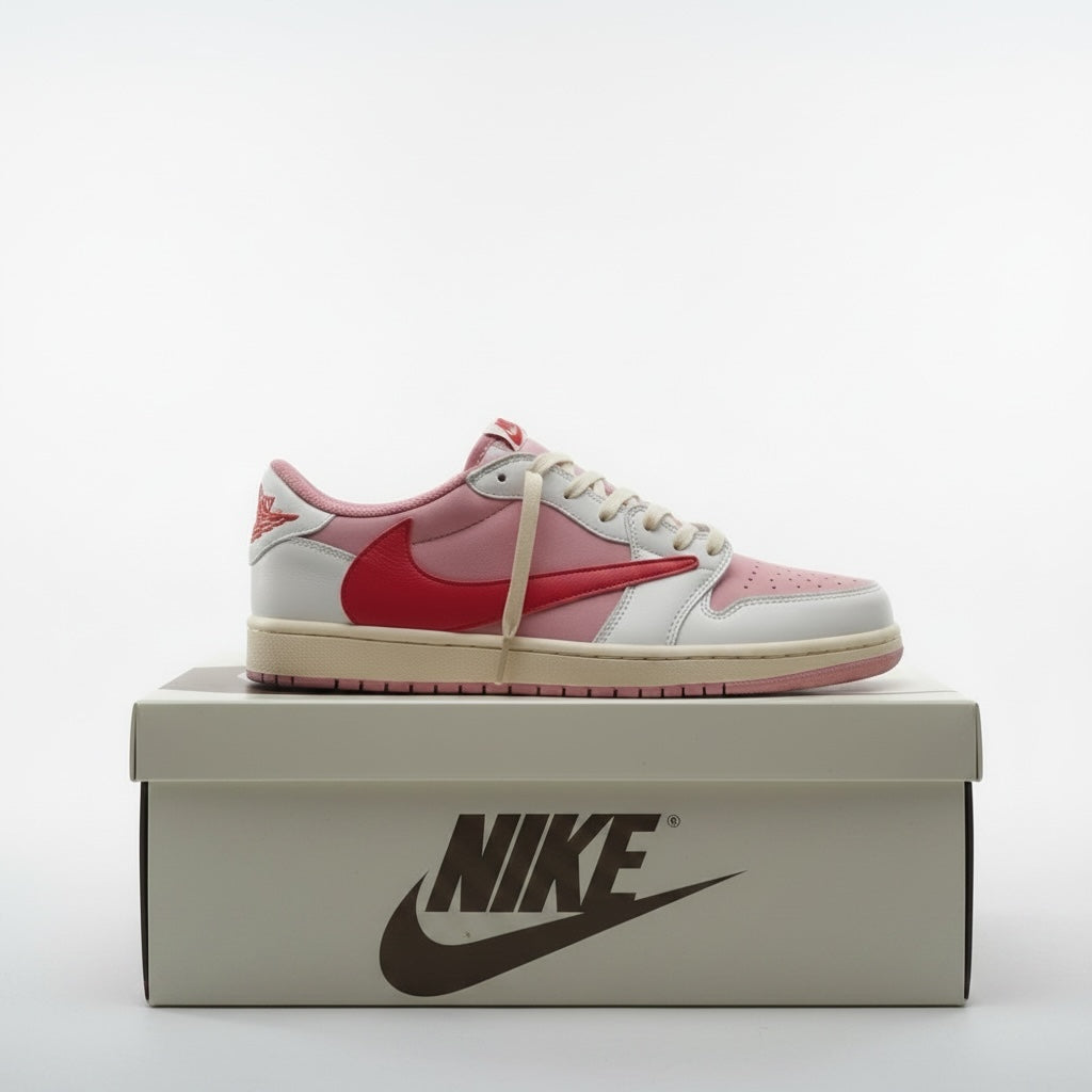 Kicks and The Drip Nike Air Jordan low-top sneakers in pink, white, and red with a signature reverse swoosh on a box.