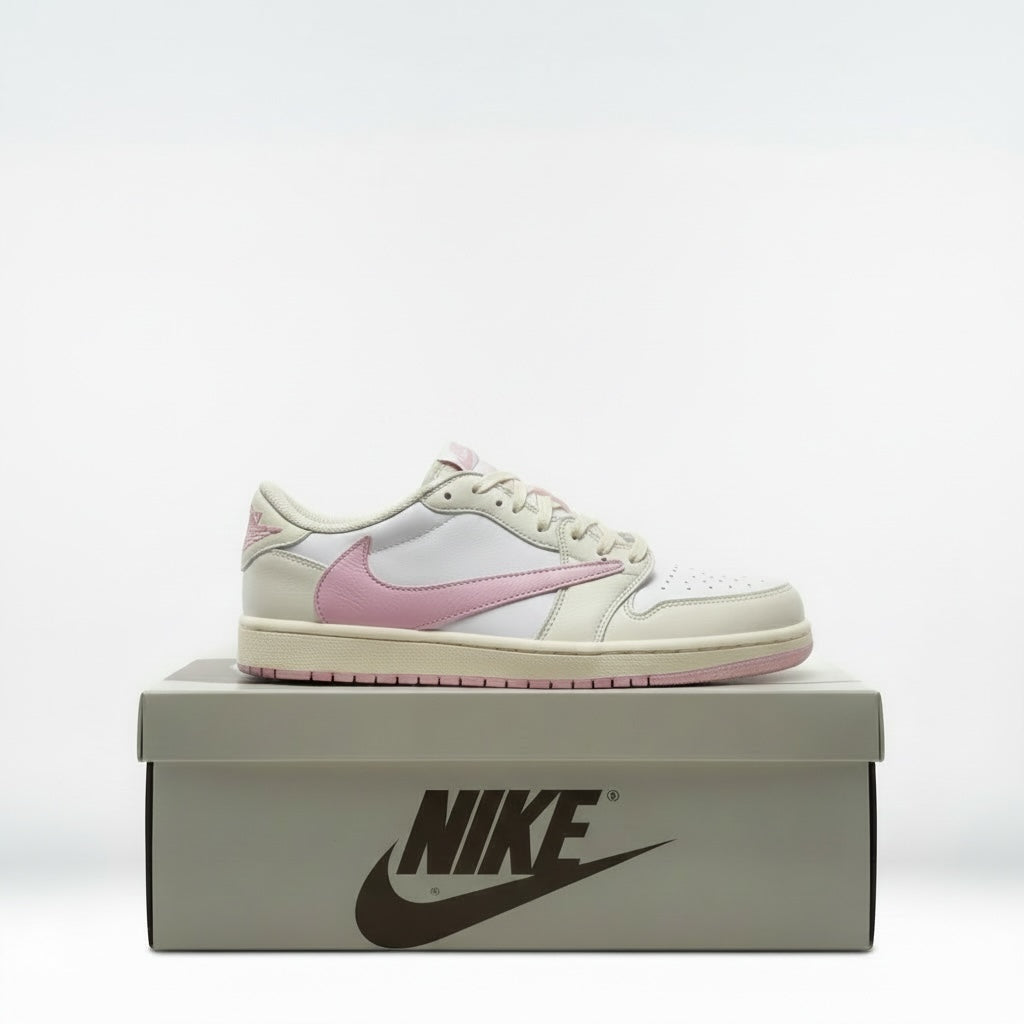 Kicks and The Drip Nike Air Jordan low-top sneakers in white and off-white leather with a vibrant pink reverse Swoosh.