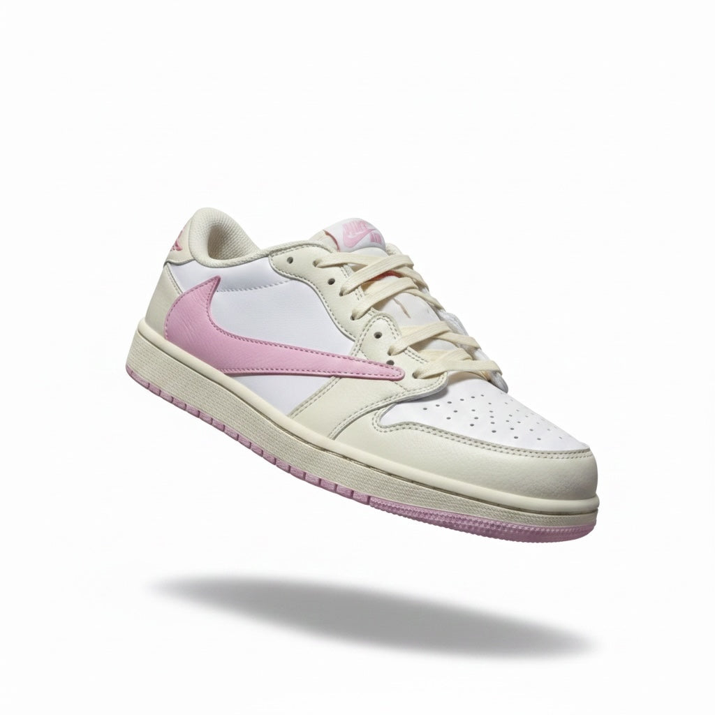 Kicks and The Drip Nike Air Jordan low-top sneakers in white and off-white leather with a vibrant pink reverse Swoosh.